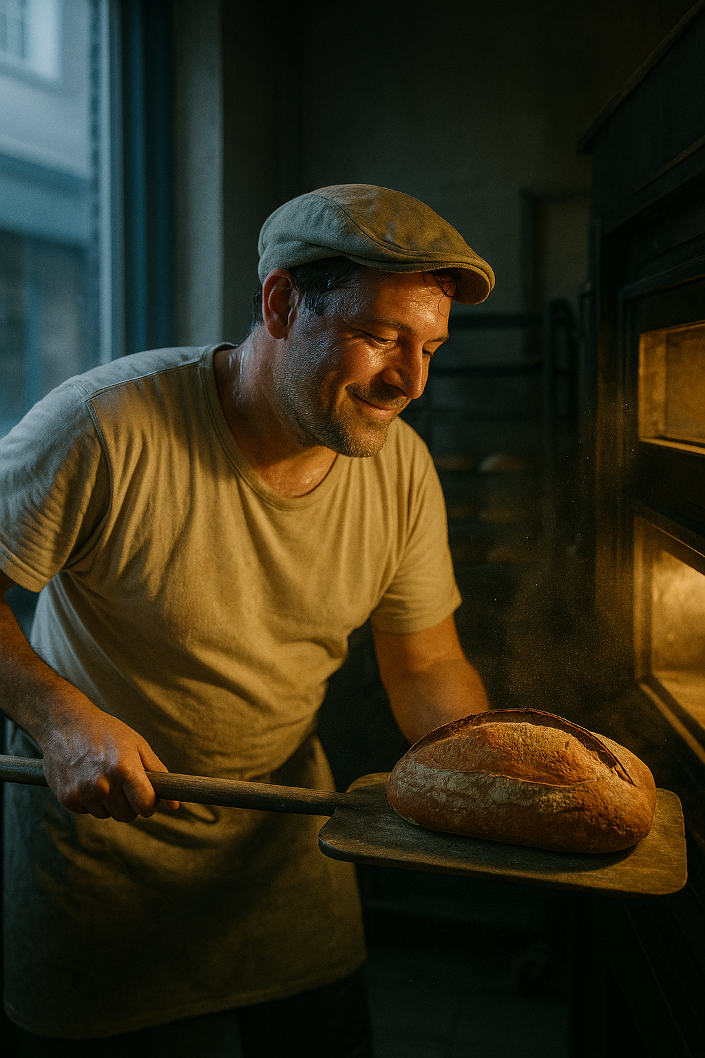 Um padeiro sorridente retira um pão fresco do forno em uma padaria, com luz suave iluminando o ambiente. O pão apresenta uma crosta dourada e textura rústica, enquanto o padeiro, vestido casualmente, segura a pá com cuidado.